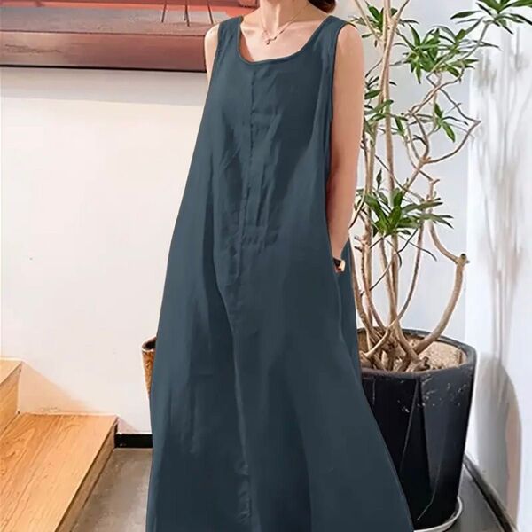 リネン100%ロングワンピース ポケットあり
