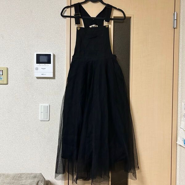 Bee オールインワン サスペンダー スカート ブラック フリーサイズ 美品 チュールスカート ロング丈 ワンピース