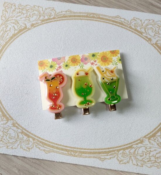 ドリンクデザインヘアクリップ3個セット ハンドメイド レジンアクセサリー