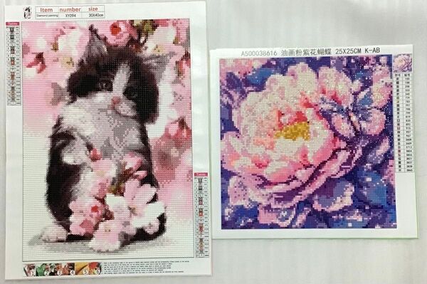 ダイヤモンドアート 完成品 セット⑮ 猫 ピンク 花 蝶 ねこ アニマル 動物 フラワー ハンドメイド ダイヤモンドペイント