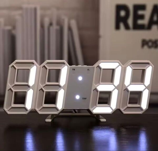 即日発送!最安値!LEDデジタル時計 3Dデザイン SNS映え!置き時計 壁掛け時計 明るさ調整 デジタル時計 (ホワイト)