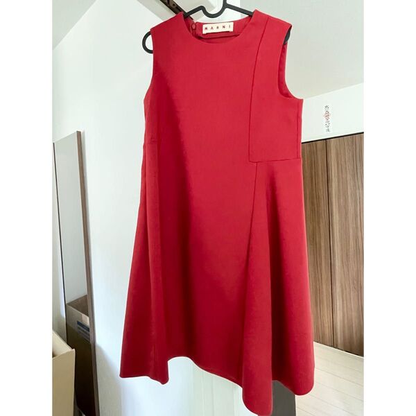 秋冬 MARNI バージンウール 深赤 ノースリーブ フレアワンピース 42