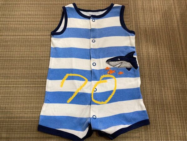 カバーオール ロンパース ベビー服 70 ノースリーブ タンクトップ 夏 ボーダー 青 マリン