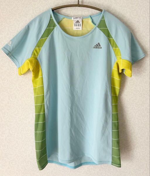 adidas アディダス 半袖 Tシャツ トップス トレーニングウェア 水色 ライトブルー イエロー グリーン 速乾 吸汗 M