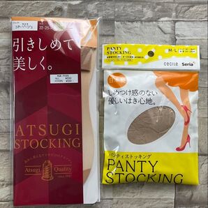 ストッキング 2点セット (アツギ くるぶし丈 シアーベージュ 3足組 22〜25cm /セリア・ペールベージュ・M~L )