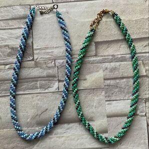 ビーズネックレス 2個セット ブルー系&グリーン系 グラデーション ハンドメイド