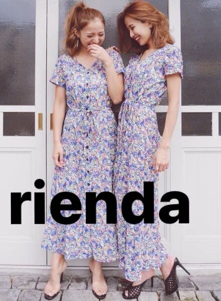 リエンダ rienda前開きボタン 半袖ワンピース 爽やかな花柄 BLUE 花柄ワンピース シャツワンピース