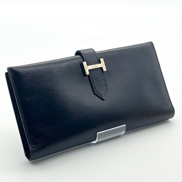 HERMES【四角D刻印マルジェラ期】ベアンスフレ二つ折り長財布ブラックシルバー金具 エルメス黒