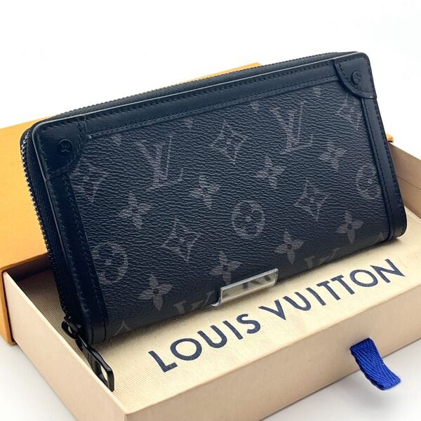 LOUIS VUITTON【現行RFID未使用に近い箱付き】モノグラムエクリプストランクジッピーウォレットラウンドファスナー