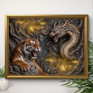 龍虎天翔 運気アップのグラフィック 開運と幸福 額縁付き