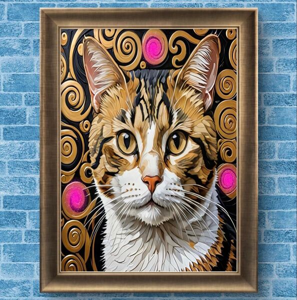 幸せの猫 開運風水ヒーリング 額縁付き 絵画グラフィックアート