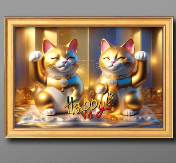 Happyな招き猫 幸福と開運 額縁付き 絵画グラフィック