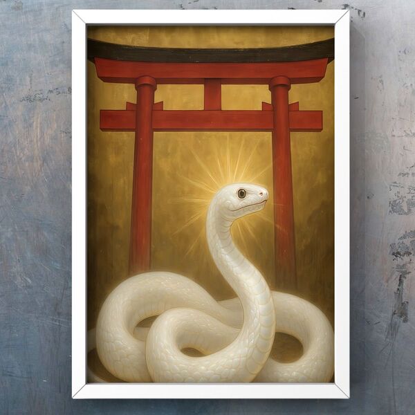 鳥居の前の開運白蛇 幸せの 額縁付き風水ヒーリング 開運絵画グラフィックアート