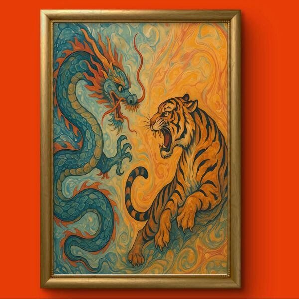 A4サイズ 開運竜と運気アップの虎 額縁付き 風水ヒーリング 開運絵画グラフィックアート