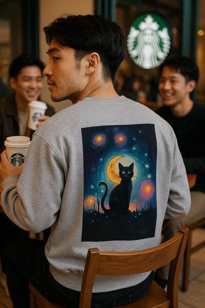 黒猫 三日月 ラグランスリーブ クルーネック スウェット XL ミックスグレー