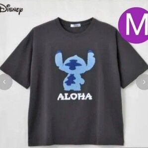 ディズニー リロ&スティッチ サガラ刺繍 半袖 Tシャツ Mサイズ ダークグレー ☆クーポンご利用頂けます☆