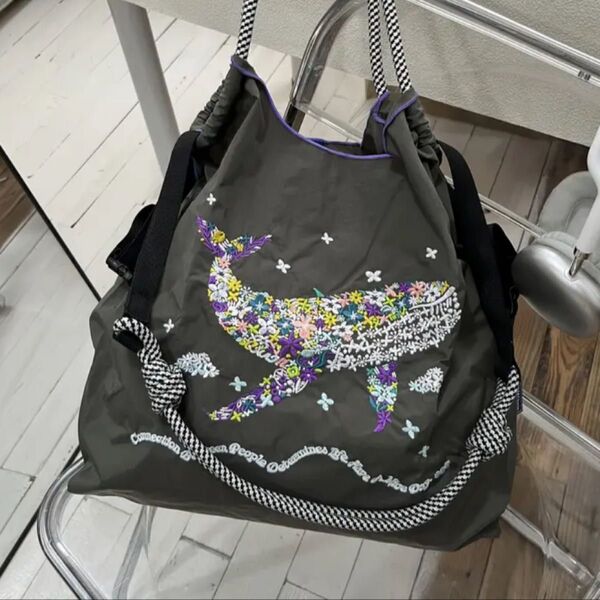 刺繍 花柄 飛行機デザイン トートバッグ◆グレー◆エコバック◆新品未使用 ストラップ付き