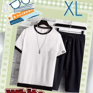ホワイト ☆XL メンズ セットアップ 半袖 ルームウェア 吸汗速乾 Tシャツ
