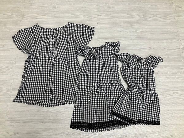 ハンドメイド トップス ワンピース 半袖シャツ ブロックチェック チュニック フリル レース 黒 親子 姉妹 セット