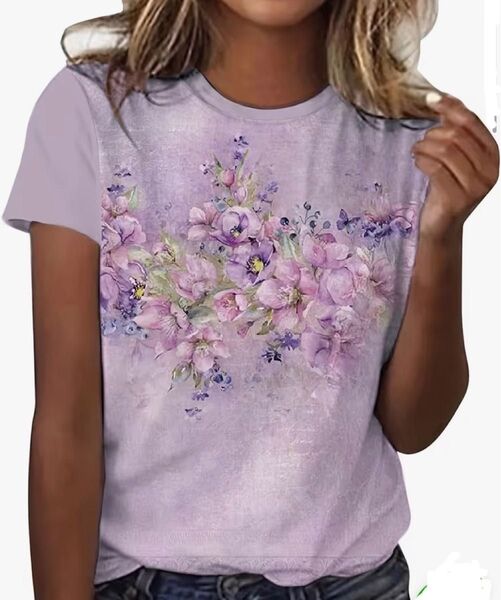 花柄 半袖Tシャツ パープル Lサイズ
