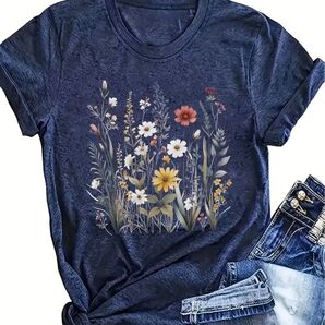 花柄 半袖Tシャツ ネイビー Lサイズ