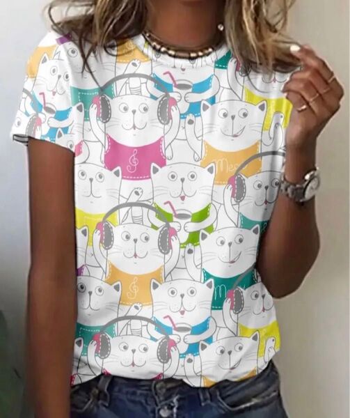 ヘッドホン猫ちゃん♪ 猫柄 半袖Tシャツ Lサイズ