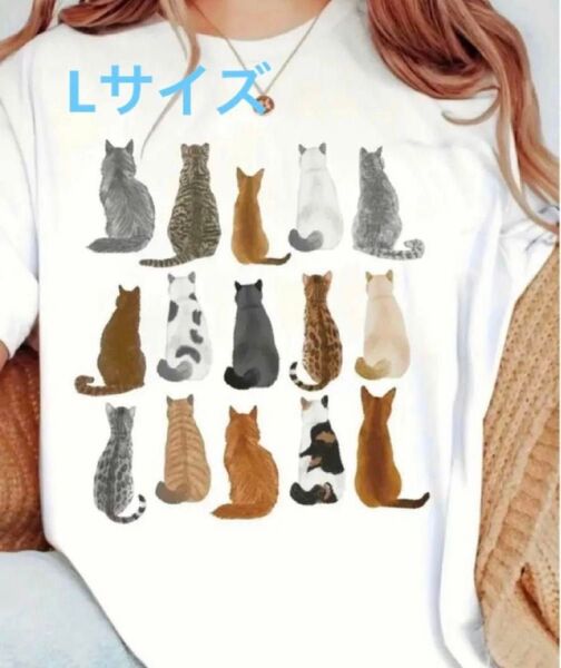 バックショット猫ちゃん♪ 猫柄 半袖Tシャツ ホワイト Lサイズ