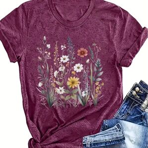 花柄 半袖Tシャツ パープル Lサイズ