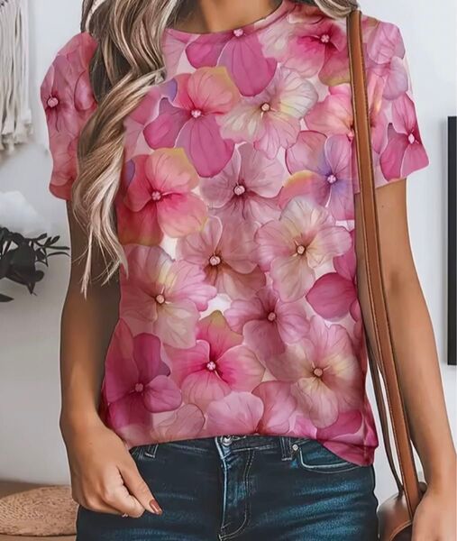 花柄 半袖Tシャツ ローズレッド Mサイズ