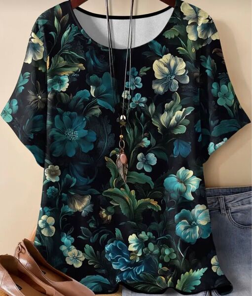 花柄 半袖Tシャツ ネイビー 0XLサイズ