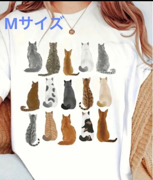 バックショット猫ちゃん♪ 猫柄 半袖Tシャツ ホワイト Mサイズ