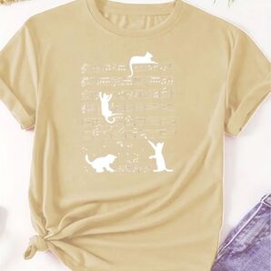 音符で遊ぶ猫ちゃん♪ 猫柄 半袖Tシャツ ベージュ Lサイズ