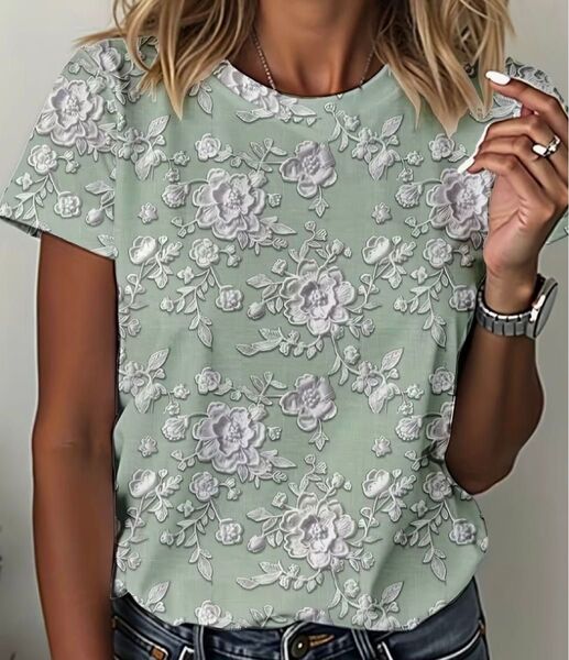 花柄 半袖Tシャツ グリーン Lサイズ