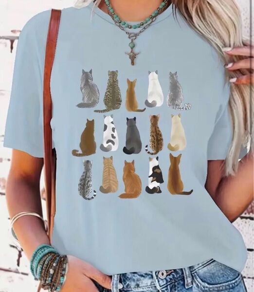 バックショット猫ちゃん♪ 猫柄 半袖Tシャツ ブルー Lサイズ