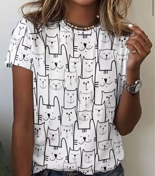 猫がいっぱい♪ 猫柄 半袖Tシャツ ホワイト Lサイズ