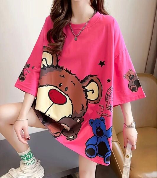クマさん柄 半袖Tシャツ ピンク
