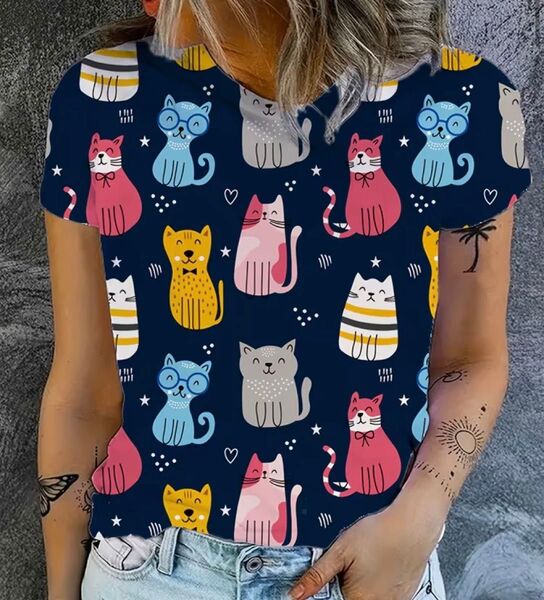 猫柄 半袖Tシャツ ネイビー Lサイズ