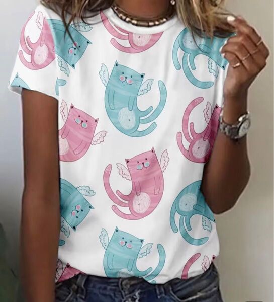 ネコ天使♪ 猫柄 半袖Tシャツ Lサイズ