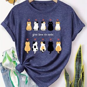 ハート猫ちゃん♪ 猫柄 半袖Tシャツ ネイビー Lサイズ