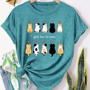 ハート猫ちゃん♪ 猫柄 半袖Tシャツ ブルー Lサイズ