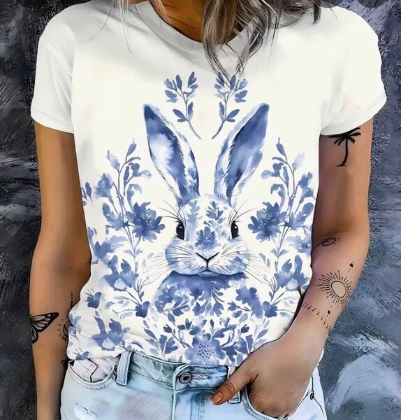 青いうさぎさん♪ うさぎ柄 半袖Tシャツ Lサイズ