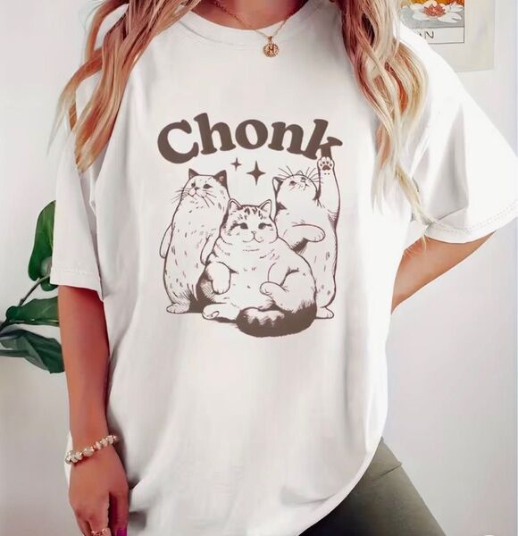 ぽっちゃり猫ちゃん♪ 猫柄 半袖Tシャツ ホワイト Lサイズ