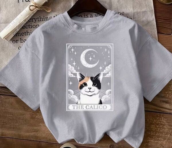 三毛猫ちゃんとお月様♪ 猫柄 半袖Tシャツ グレー Lサイズ