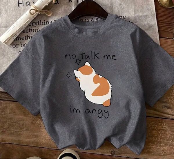 怒れるにゃんこ♪ 猫柄 半袖Tシャツ グレー Lサイズ
