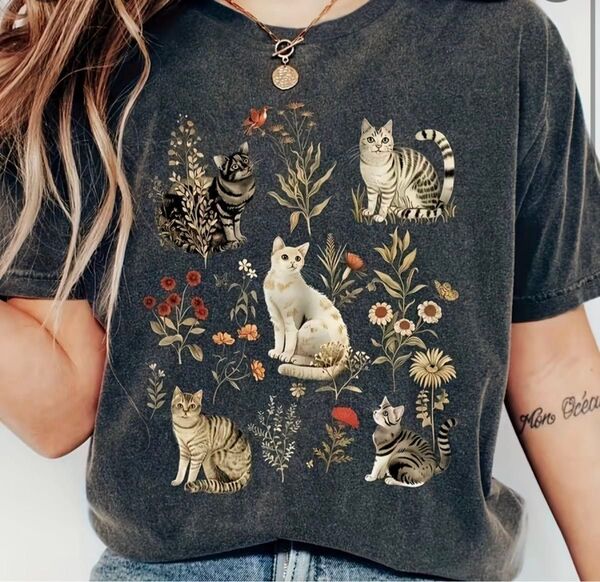 猫柄 半袖Tシャツ グレー Lサイズ
