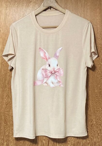 リボンうさぎ♪ うさぎ柄 半袖Tシャツ アプリコット Lサイズ