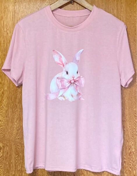 リボンうさぎ♪ うさぎ柄 半袖Tシャツ ピンク XLサイズ