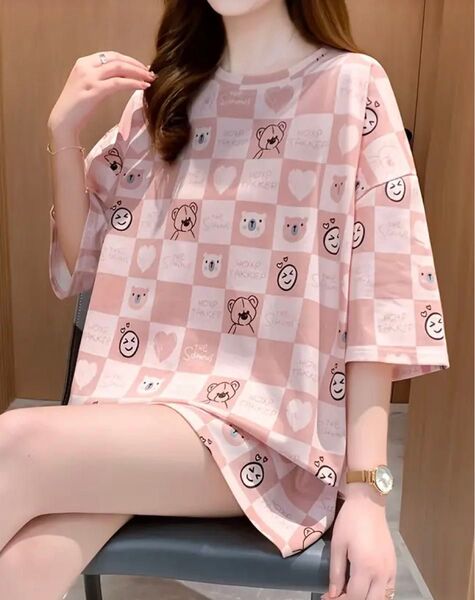 クマさん柄 半袖Tシャツ ピンク