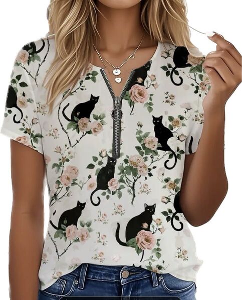 黒猫とバラ♪ 猫柄 ジップアップ 半袖Tシャツ XLサイズ