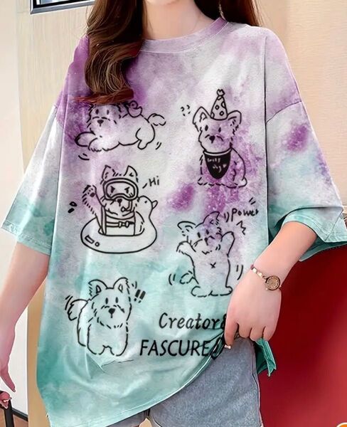 犬柄 半袖Tシャツ タイダイ柄